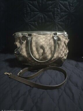 Gucci Beige GG Canvas Satchel with Green Leather Trim